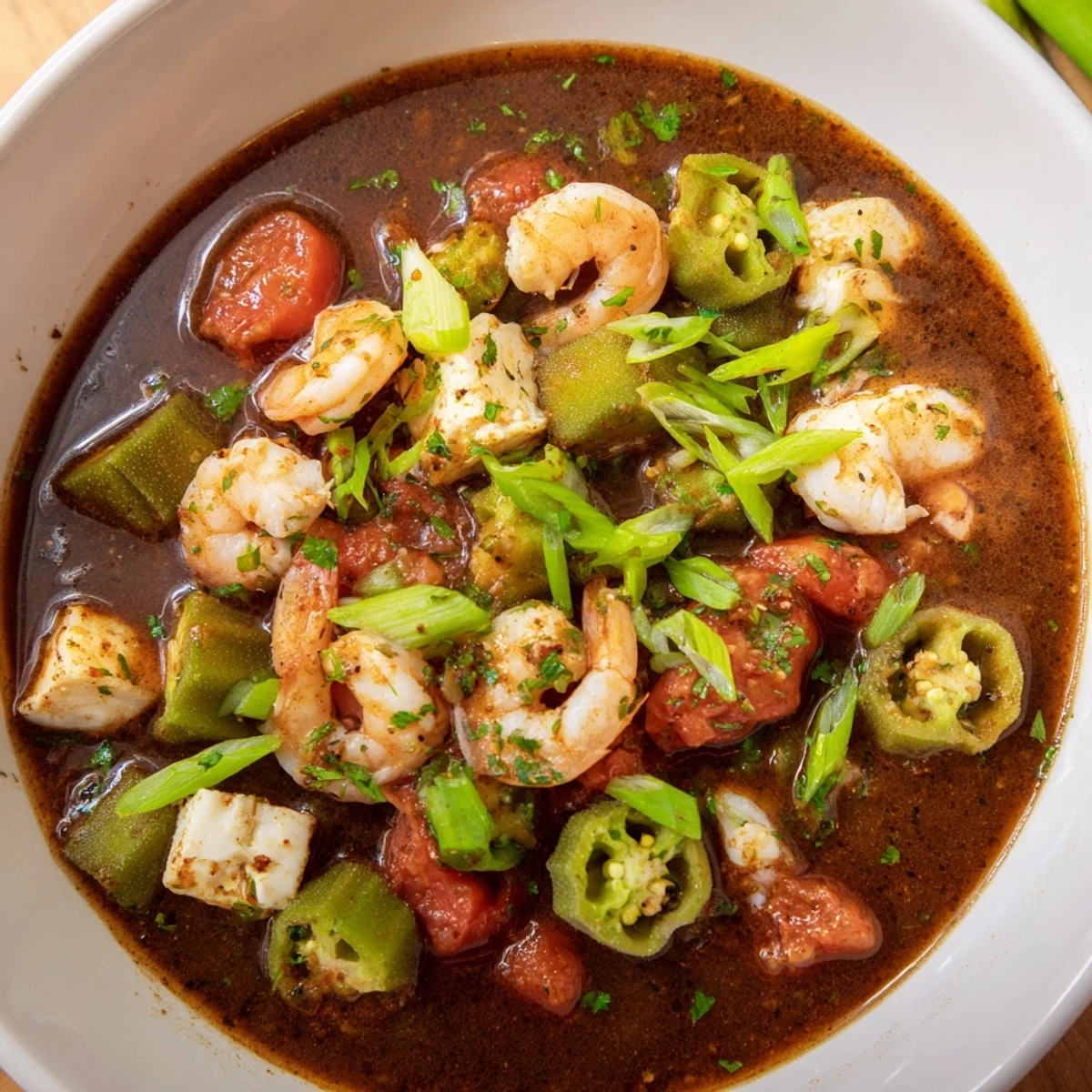 A bowl of Seafood Gumbo with Okra and Tomatoes, brimming with shrimp, crab, and fish in a rich Creole stew.