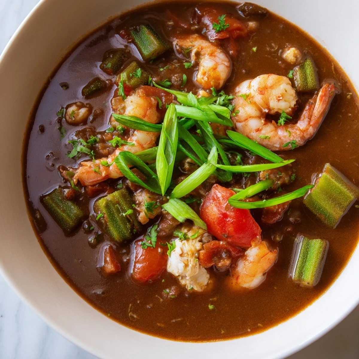 Close-up of Seafood Gumbo with Okra and Tomatoes, showing tender shrimp and sliced okra in a dark roux broth.