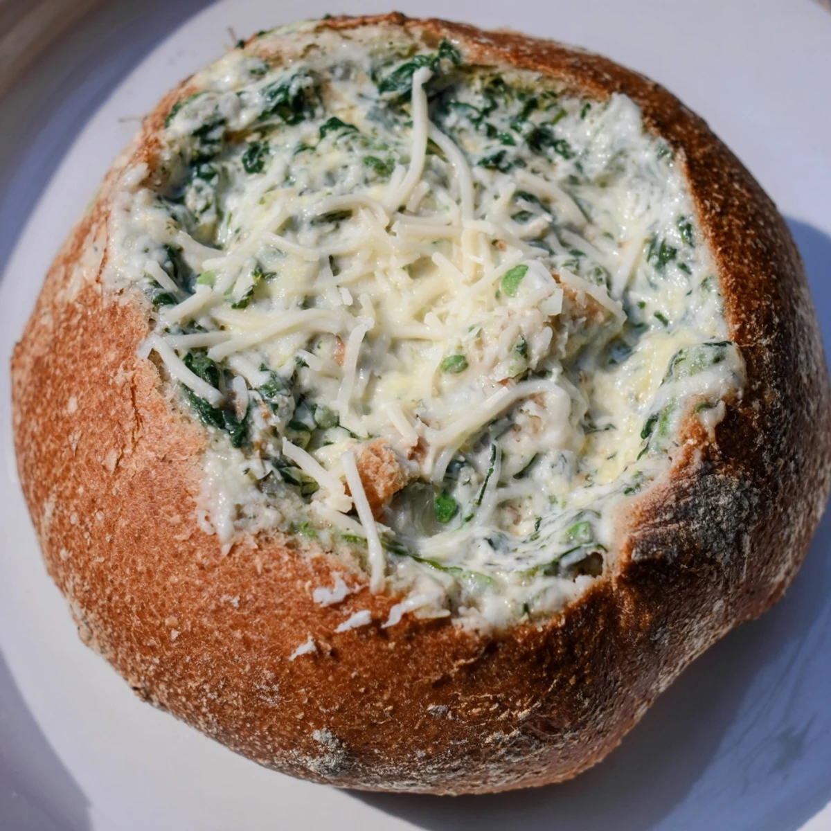 Fresh spinach and melted cheeses blend into a savory filling inside a rustic sourdough bread bowl.  