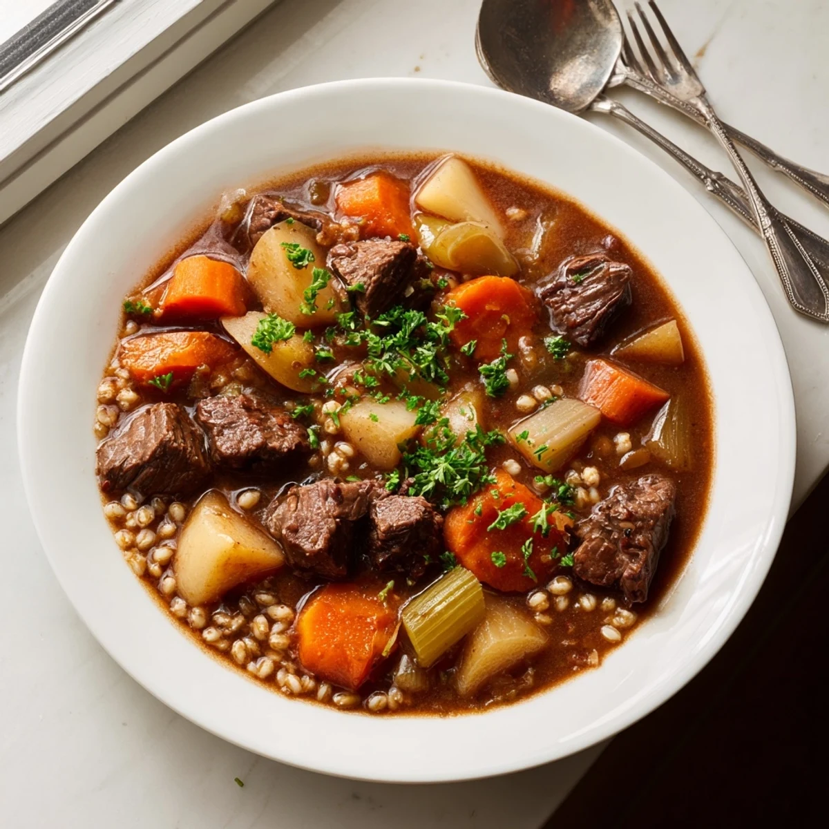 A steaming bowl of Irish Stew with Beef and Barley, featuring tender beef chunks and chunky root vegetables in a rich, glossy broth.