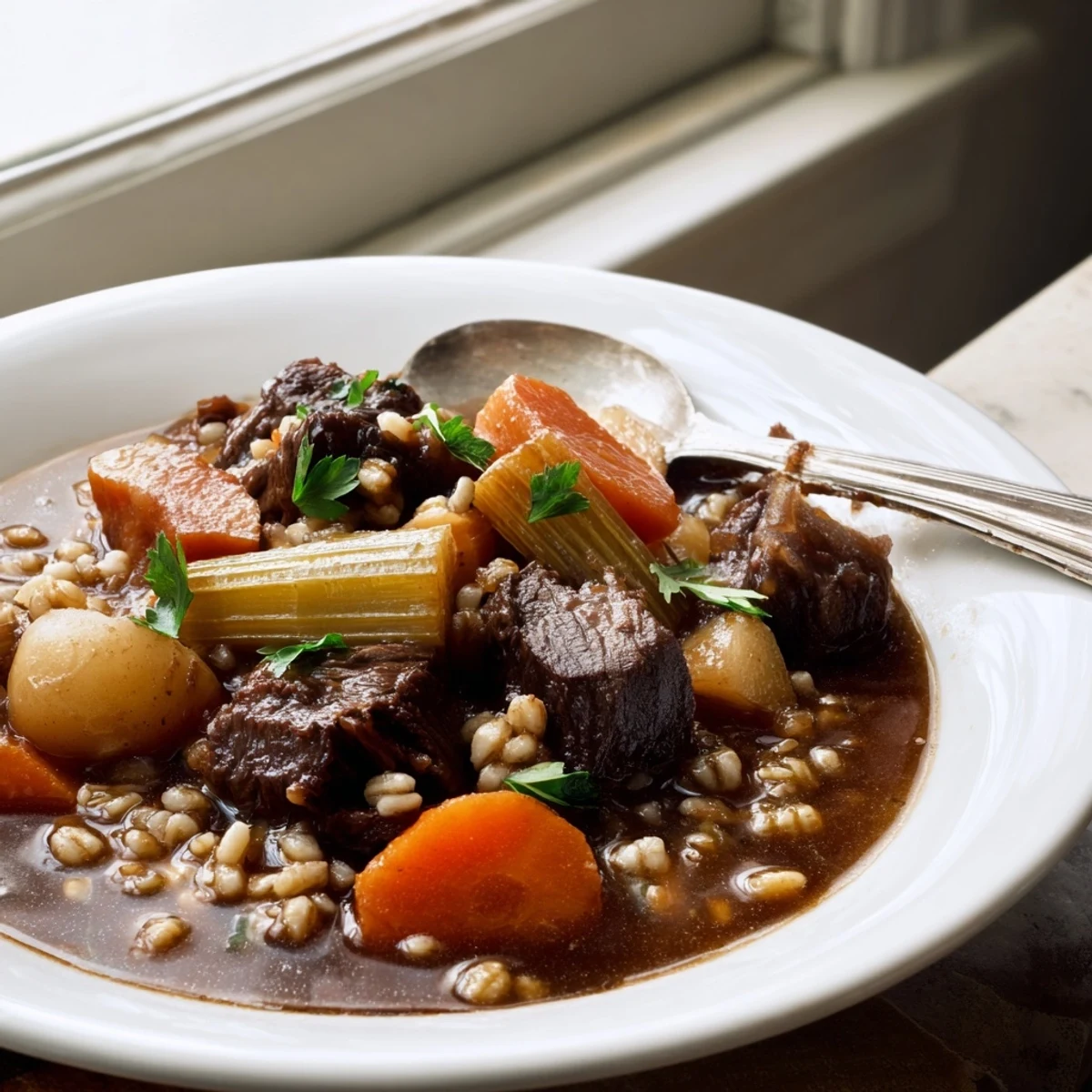 Rustic Irish Stew with Beef and Barley simmered with carrots, potatoes, and barley, served hot alongside a slice of crusty bread.