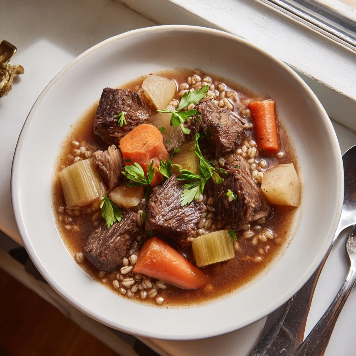 Hearty Irish Stew with Beef and Barley showcased in a rustic pot, garnished with fresh parsley and ladled onto a white ceramic bowl.