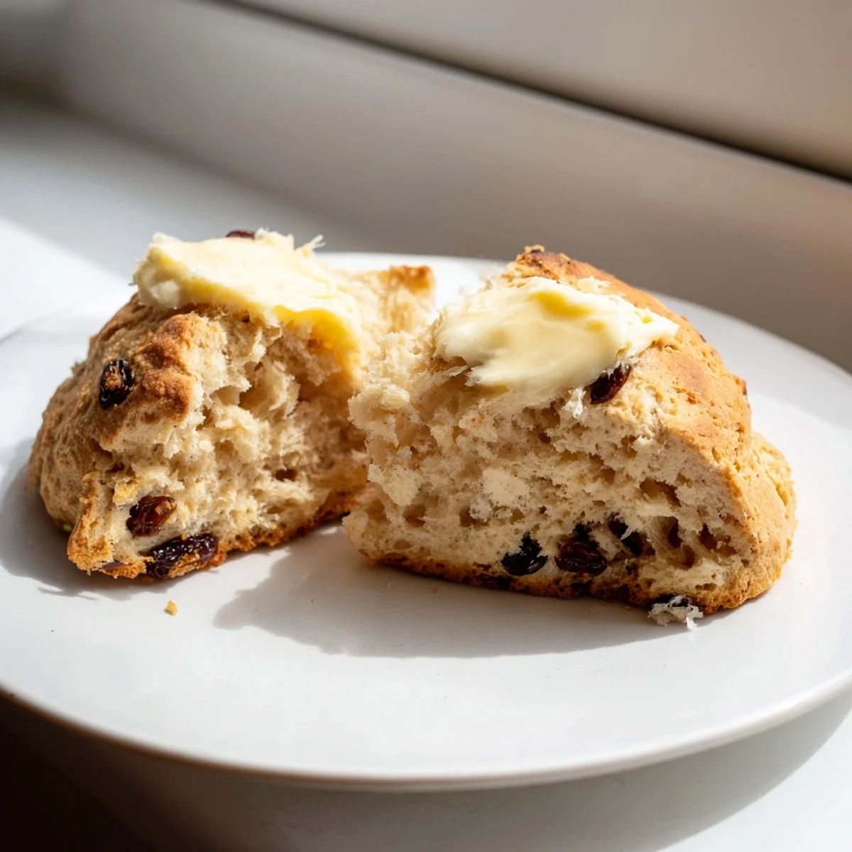 Freshly baked Irish Soda Bread Scones with a golden crust, dusted with flour and served warm with melting butter.