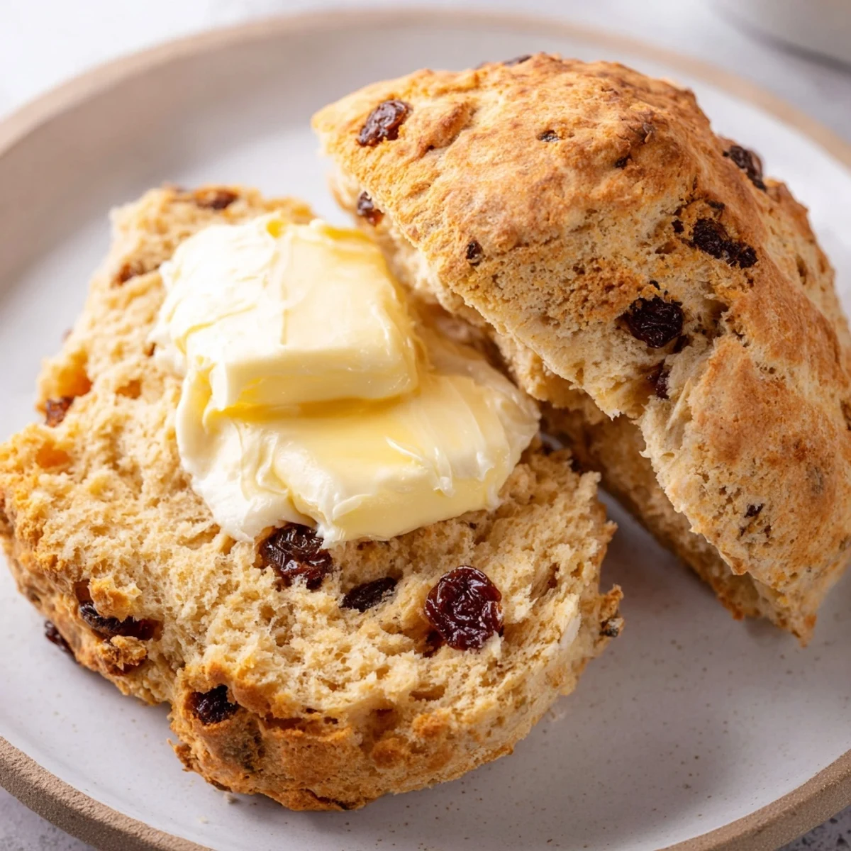 Rustic round Irish Soda Bread Scones on a parchment-lined tray, studded with currants and ready to be split open.