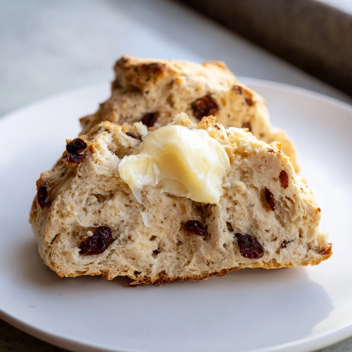 Homemade Irish Soda Bread Scones with tender crumb and soft interior, topped with a generous pat of creamy butter.
