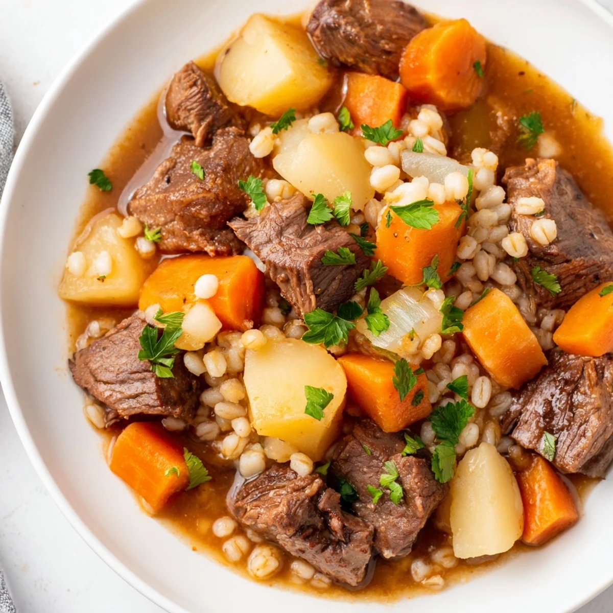 Golden-brown beef and tender barley simmer in a rich, savory broth alongside carrots and potatoes in this Irish Stew with Beef and Barley.  