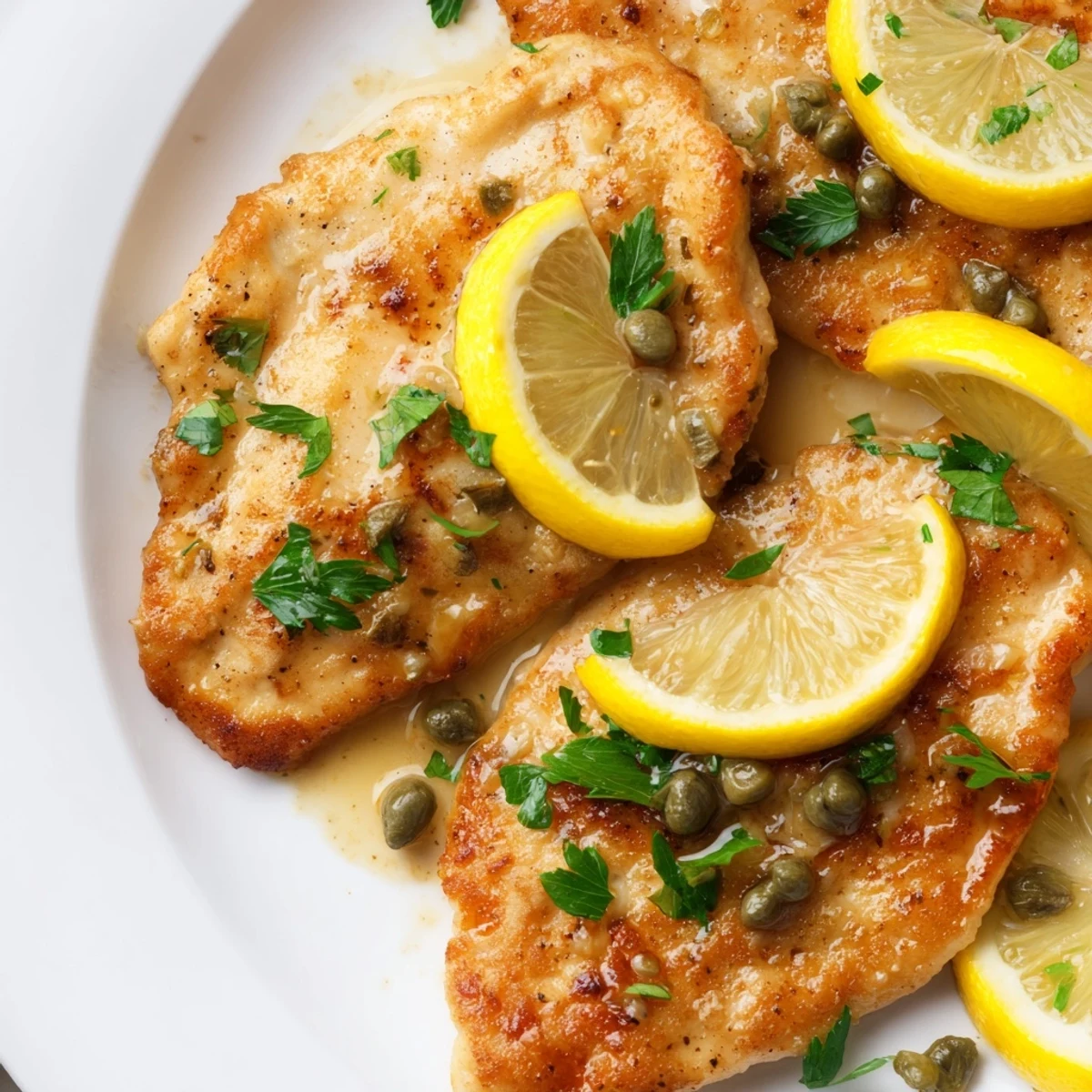 Close-up of breaded chicken piccata with capers and lemon, garnished with fresh parsley and lemon slices.