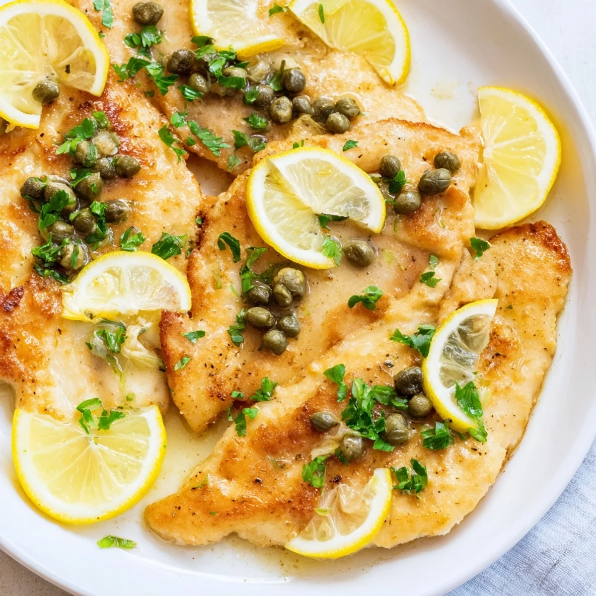 Golden-brown chicken piccata with capers and lemon, smothered in a tangy, buttery sauce in a skillet.