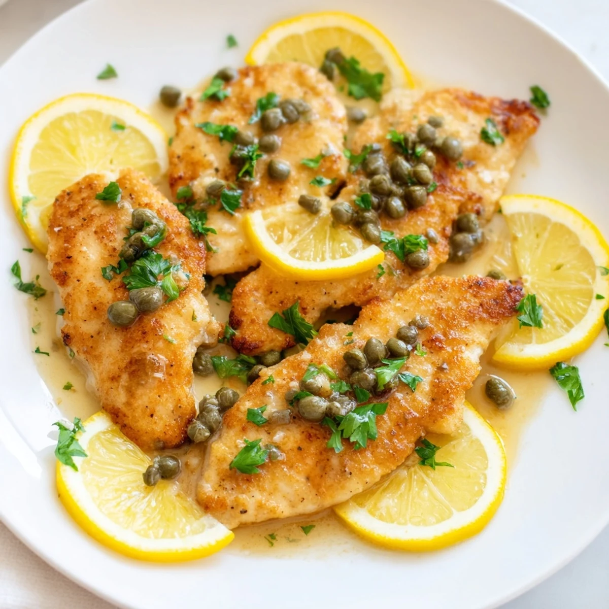 Served chicken piccata with capers and lemon over pasta with a glass of white wine nearby.