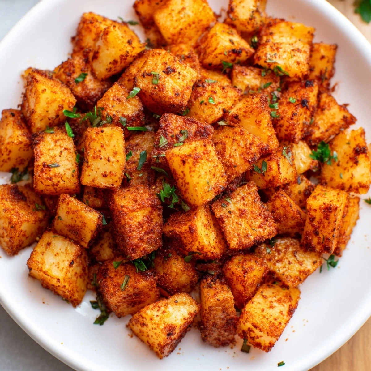 Freshly roasted Cajun Spiced Roasted Potatoes with herbs served hot in a rustic bowl.