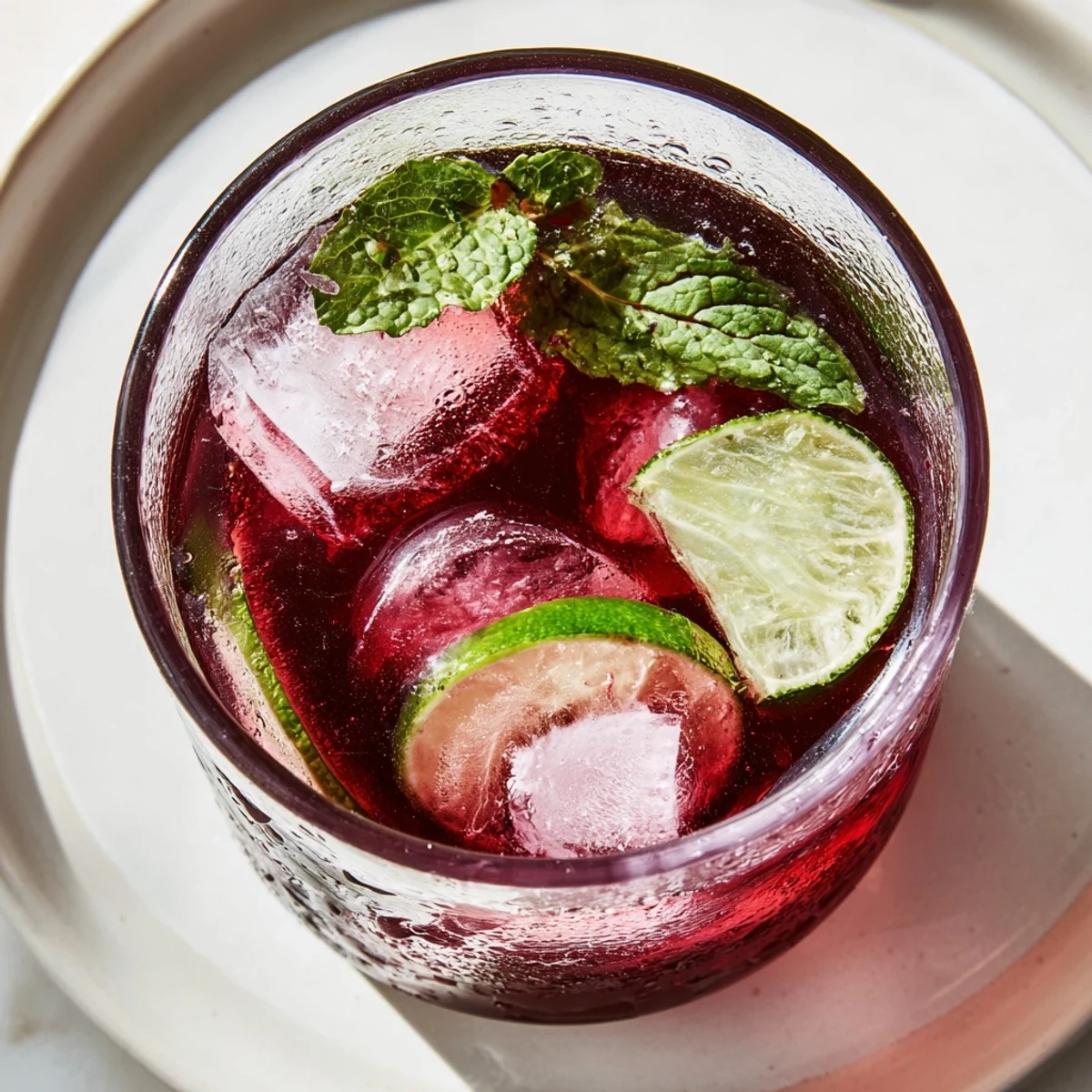 Chilled pitcher of Hibiscus Iced Tea with Lime Slices surrounded by fresh lime wedges and dried hibiscus flowers on a rustic table.
