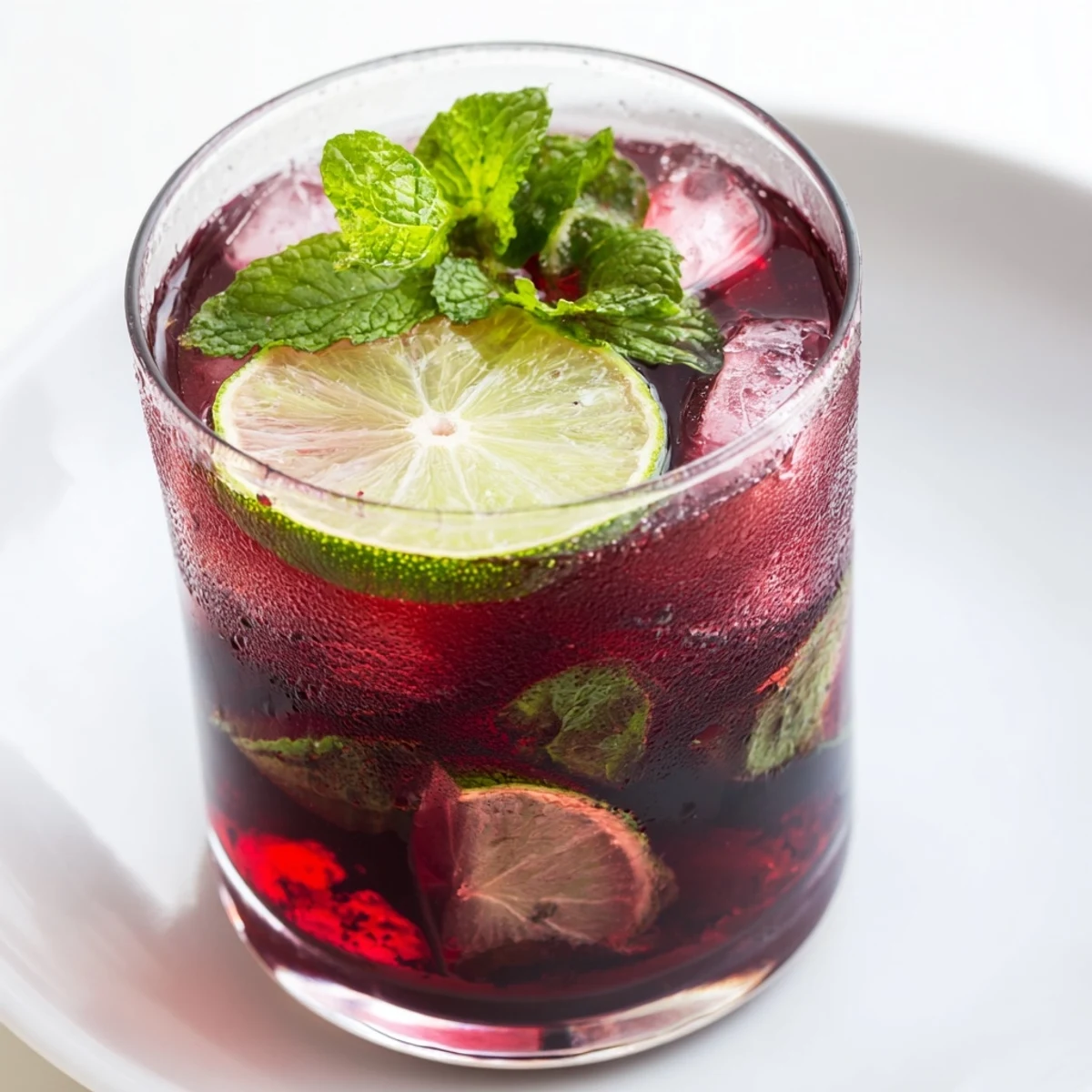 A tall glass of Hibiscus Iced Tea with Lime Slices, filled with ice and vibrant red liquid, garnished with fresh mint.