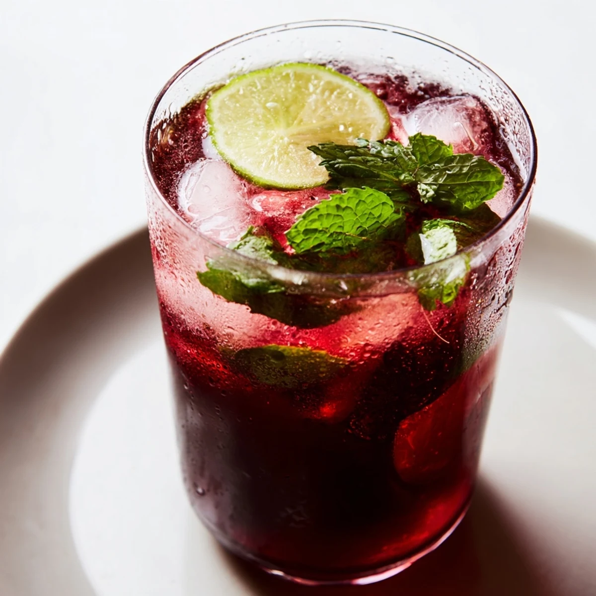 Close-up view of a refreshing glass of Hibiscus Iced Tea with Lime Slices, showing condensation on the glass and floating lime rounds.