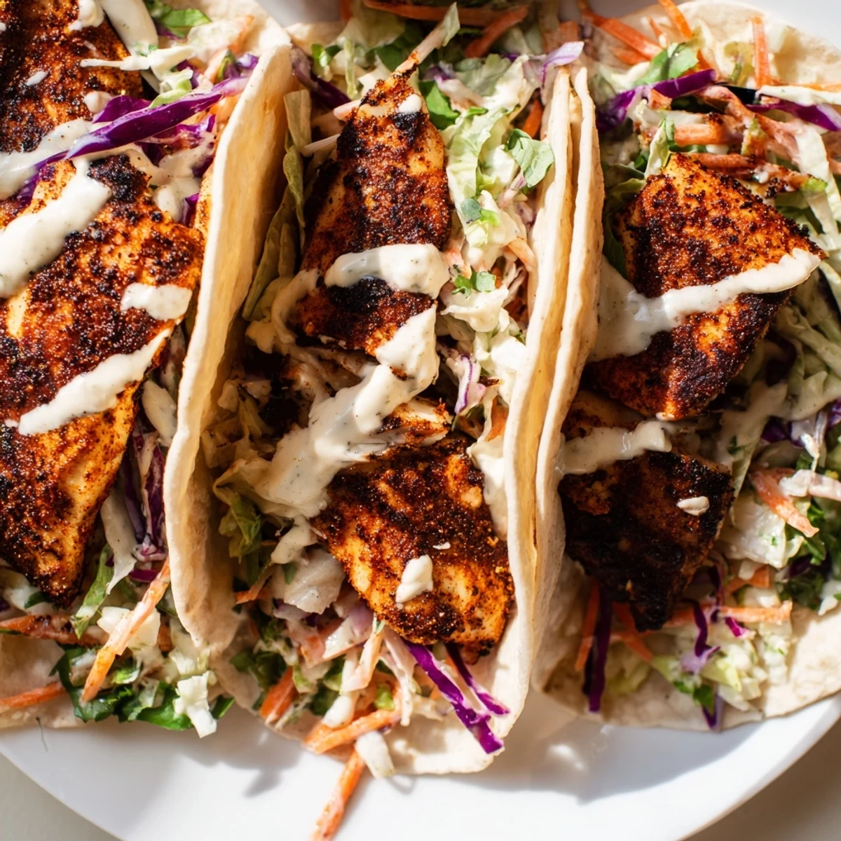Golden-brown blackened fish tucked in warm corn tortillas, topped with tangy cabbage slaw and a drizzle of creamy lime mayo.