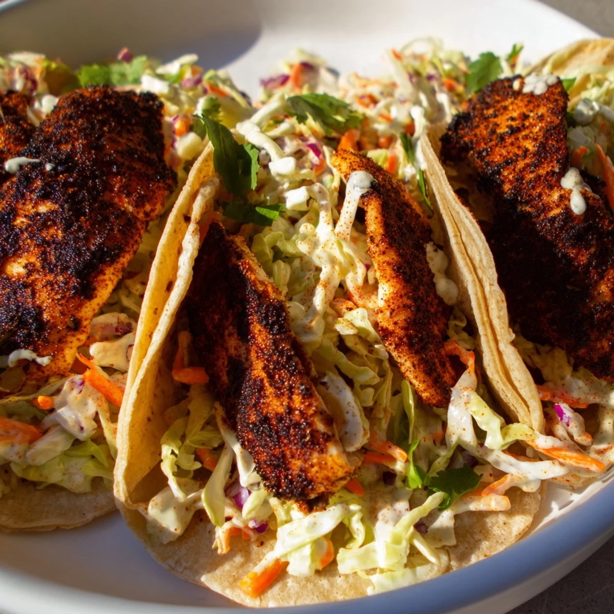 A close-up of four assembled Blackened Fish Tacos with vibrant slaw and mayo, ready for a fresh, flavorful meal.