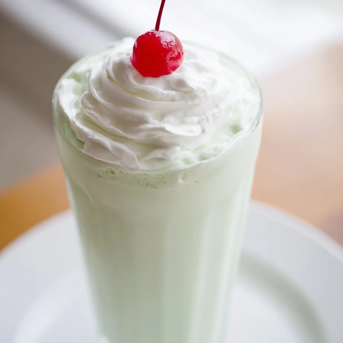 Creamy mint milkshake blended with vanilla ice cream and milk, crowned with whipped cream and a red maraschino cherry for a festive look.