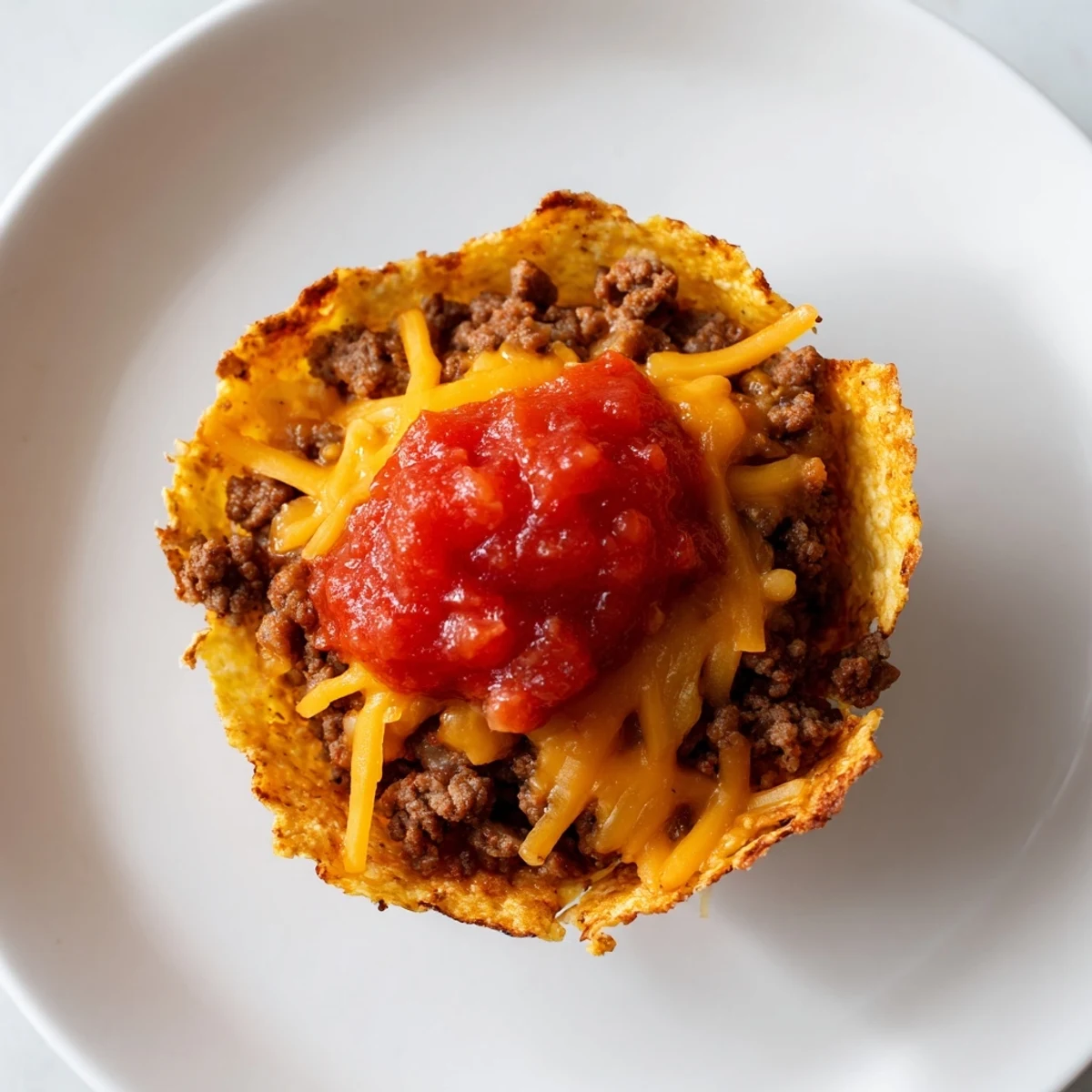 These mini taco cups feature crispy tortilla shells filled with savory ground beef, topped with bubbly melted cheese and fresh green onions.