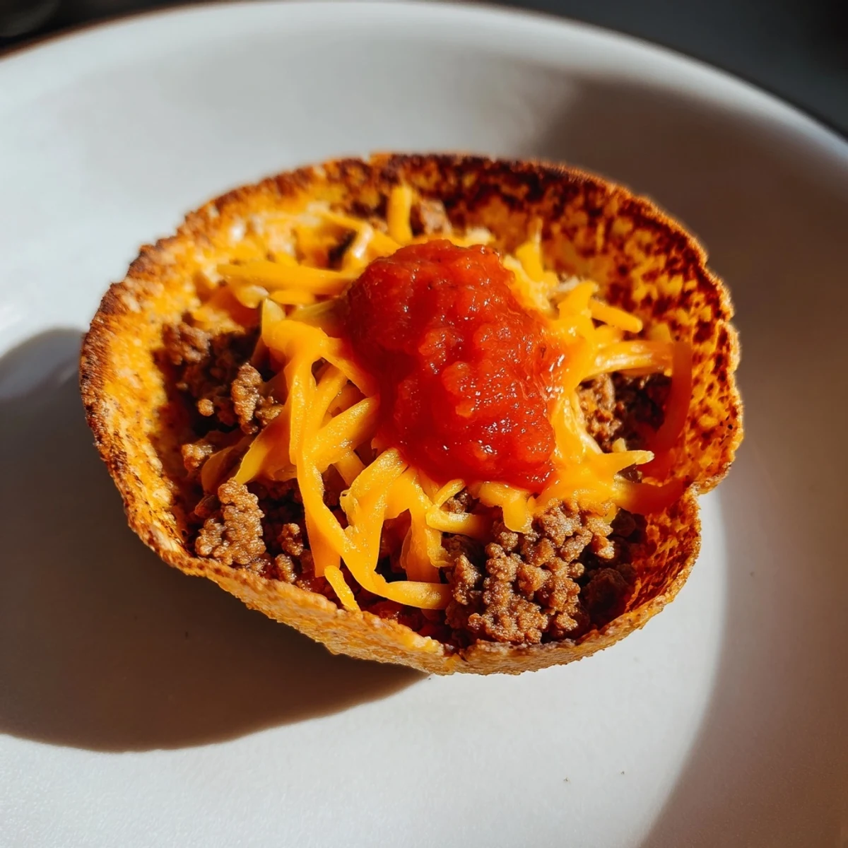 Freshly baked taco cups with ground beef and cheese sit on a rustic wooden table, garnished with cilantro and ready to serve with salsa.
