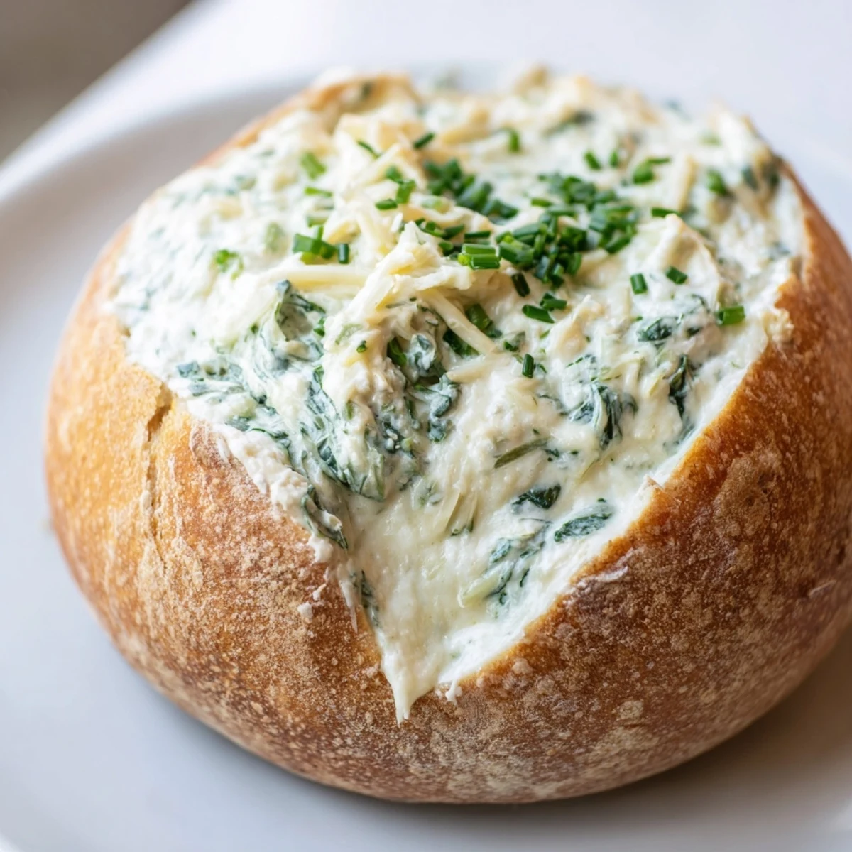 Golden Spinach Dip in Sourdough Bread Bowl nestled inside a hollowed crusty loaf, ready to be shared at a cozy gathering.