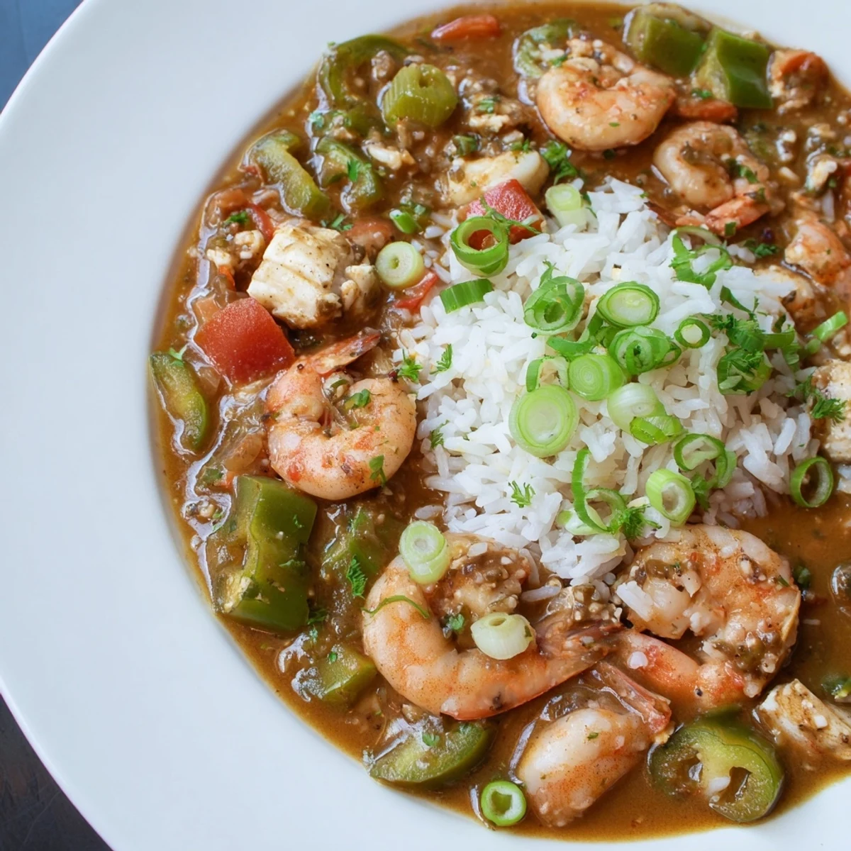 A steaming bowl of Seafood Gumbo with Okra and Tomatoes, featuring tender shrimp, crab, and fish nestled in a rich, dark Creole broth with slices of fresh okra and diced tomatoes, served over fluffy white rice.