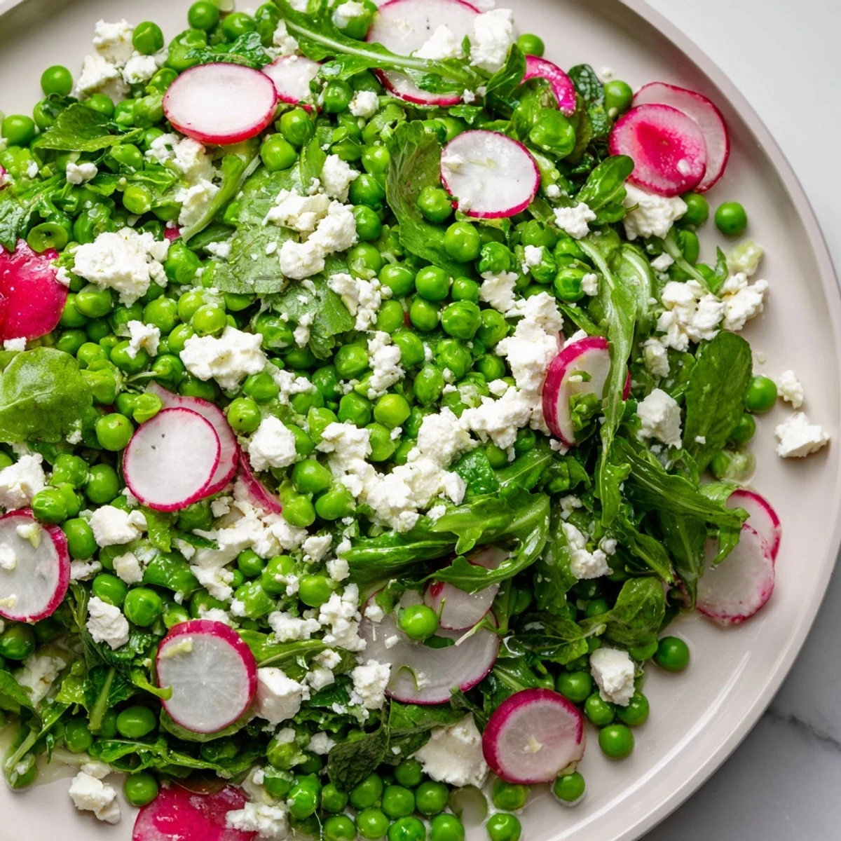 Bright green spring peas, crisp radish slices, creamy feta, and fresh mint tossed in a lemony dressing in a white bowl.  