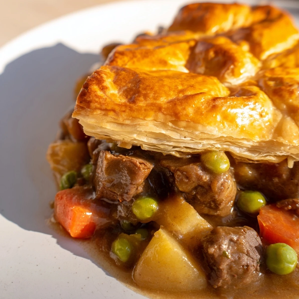 Golden, flaky puff pastry crust covers a hearty beef pot pie filled with tender vegetables and savory gravy.