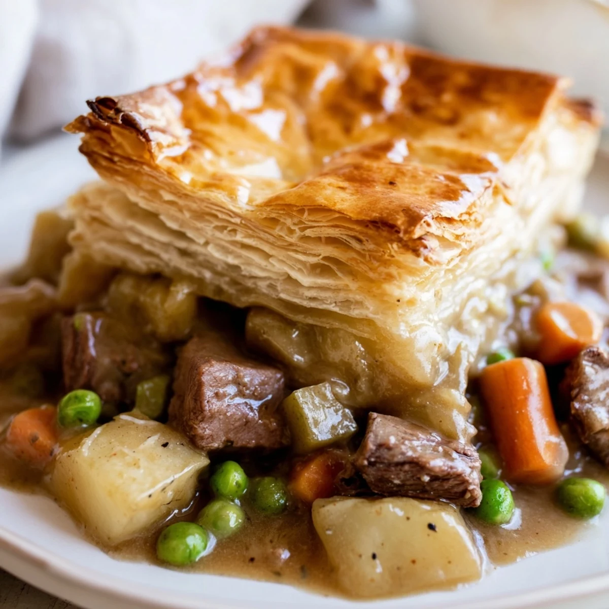 A steaming slice of beef pot pie reveals a rich filling of beef, carrots, and peas under flaky pastry.