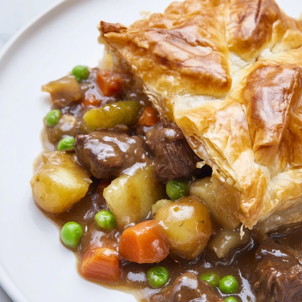 Freshly baked beef pot pie sits beside a crisp green salad, showcasing its golden, flaky puff pastry topping.