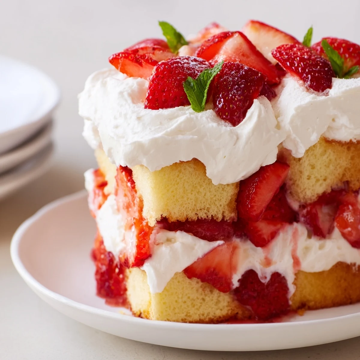 Layered in a glass trifle dish, this Strawberry Shortcake Trifle showcases fluffy cake cubes soaked with sweet berry juices and crowned with billowy whipped cream.  