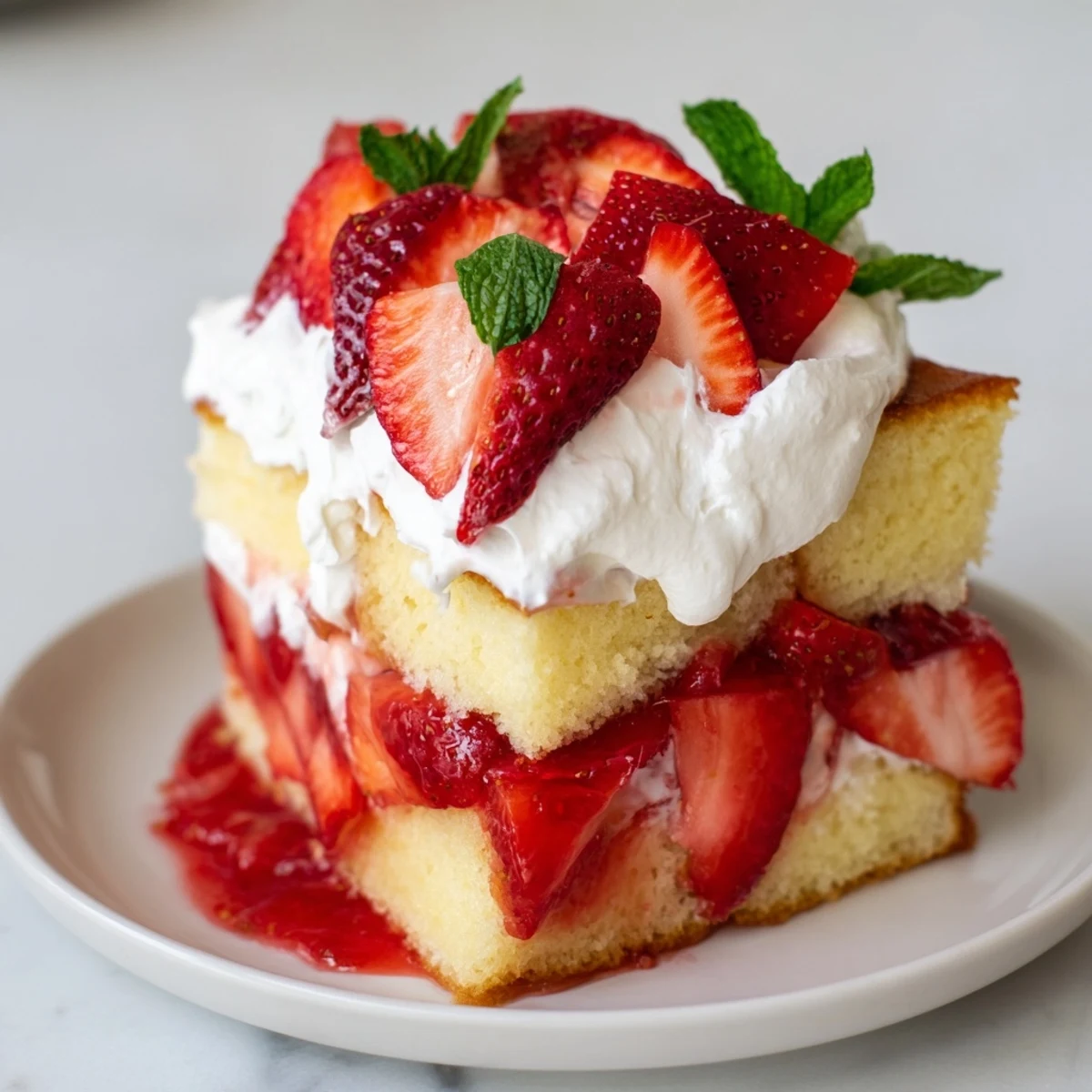 A close-up view reveals vibrant red strawberry slices glistening in their syrup, nestled between soft cream and tender cake layers for a summer dessert.  