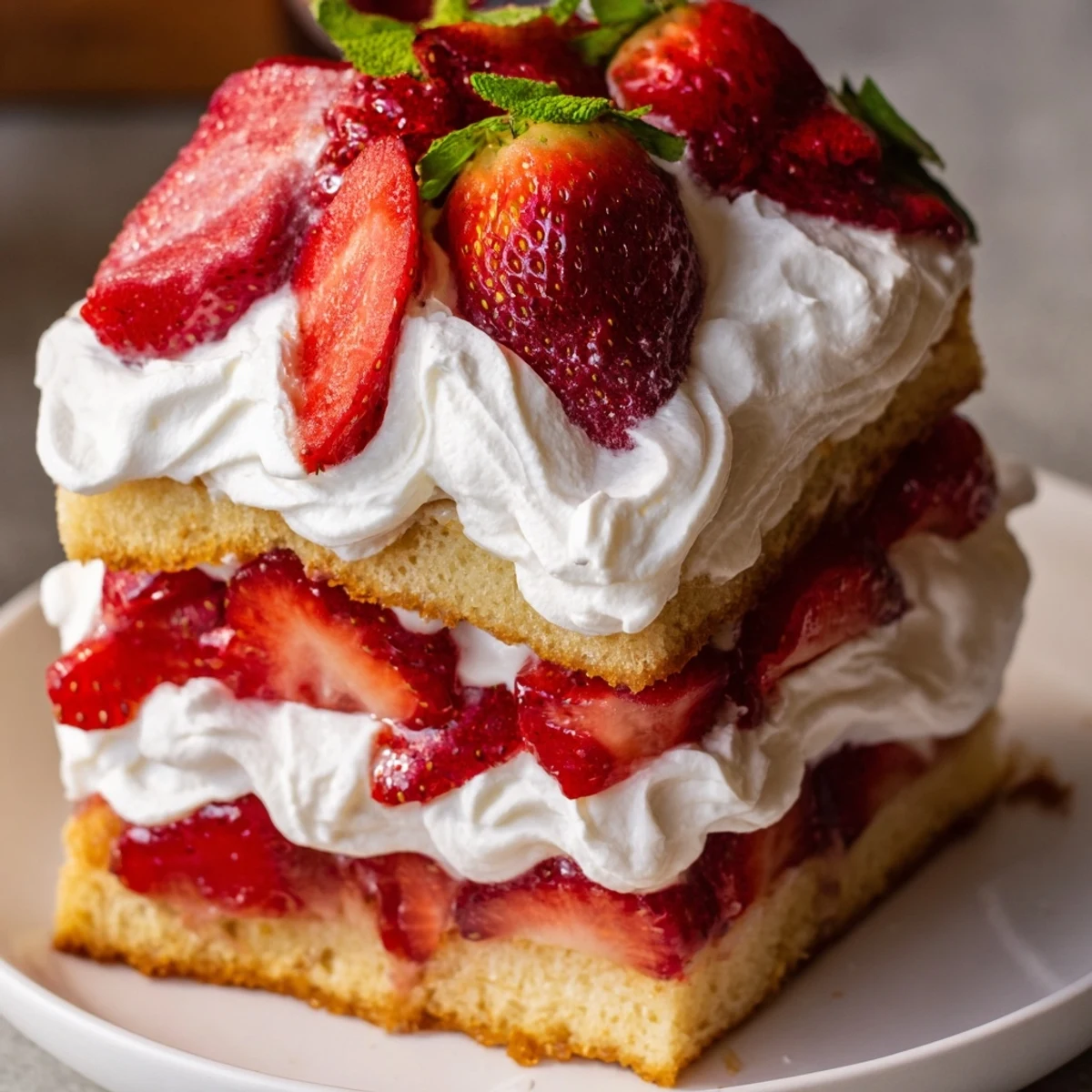 This classic American Strawberry Shortcake Trifle is ready to serve, garnished with fresh mint, ideal for a crowd at a sunny picnic or potluck.