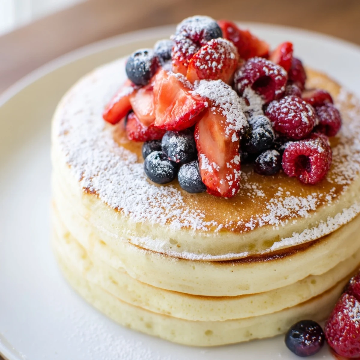 Fluffy lemon ricotta pancakes topped with fresh mixed berries and drizzled with maple syrup, served warm on a brunch table.