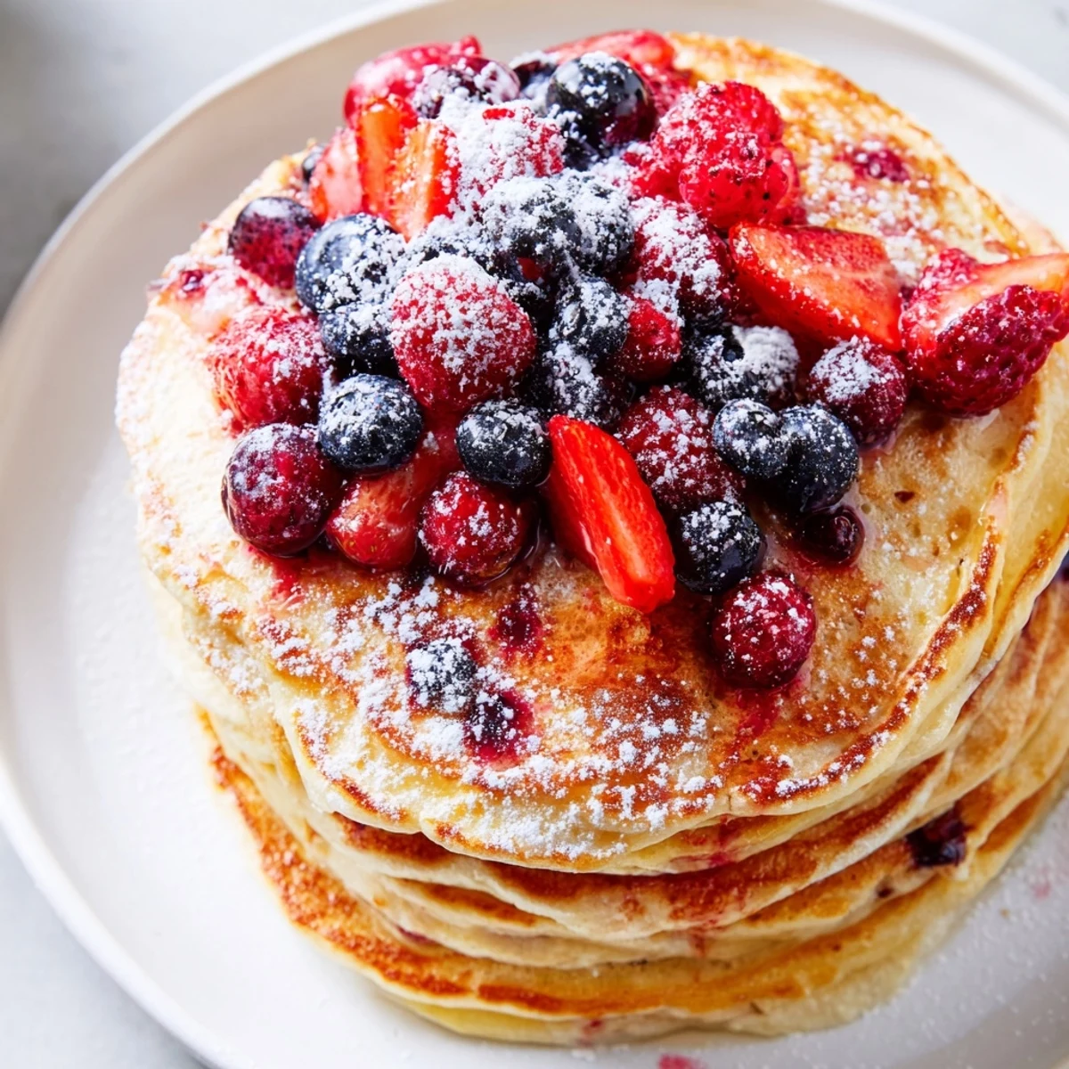 Stack of golden lemon ricotta pancakes with berry topping and powdered sugar, garnished with lemon zest for extra brightness.