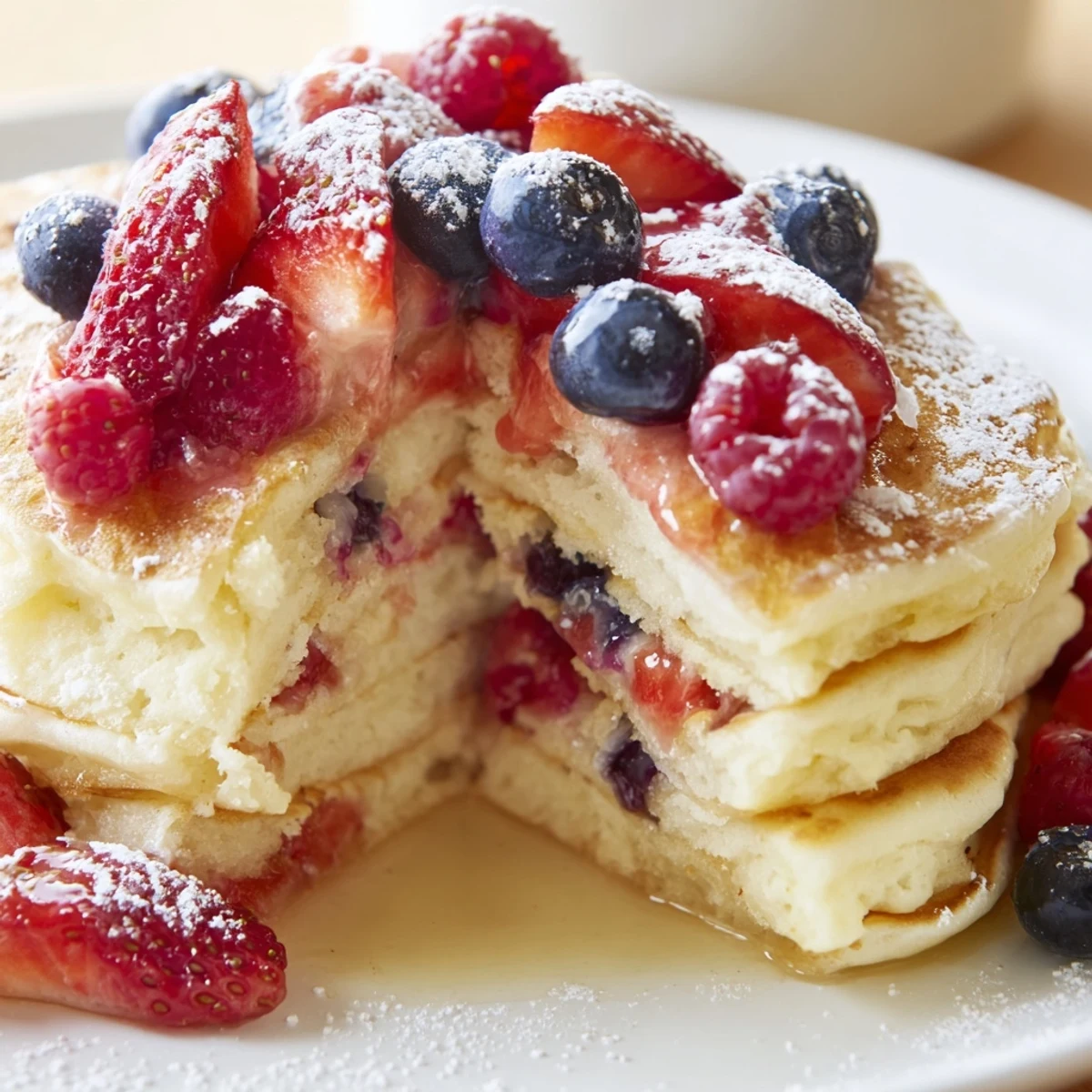 Lemon ricotta pancakes with sweet berries beside a glass of orange juice, perfect for a weekend breakfast or brunch.