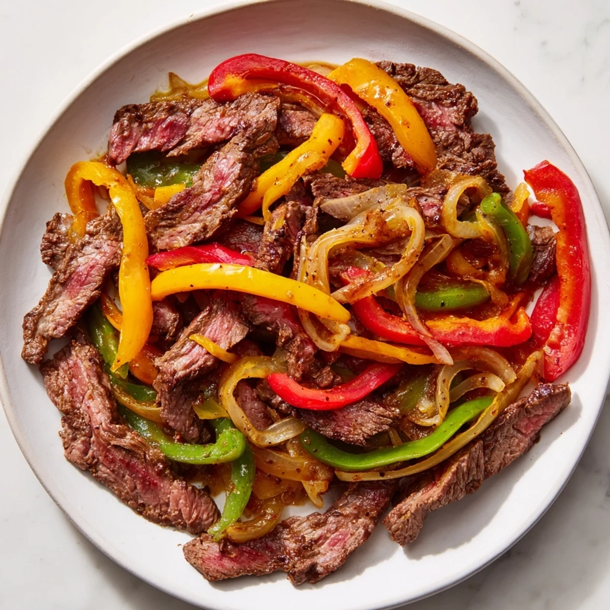 Golden, juicy Beef Fajitas with Peppers and Onions, ready to top with fresh cilantro and your favorite salsa.