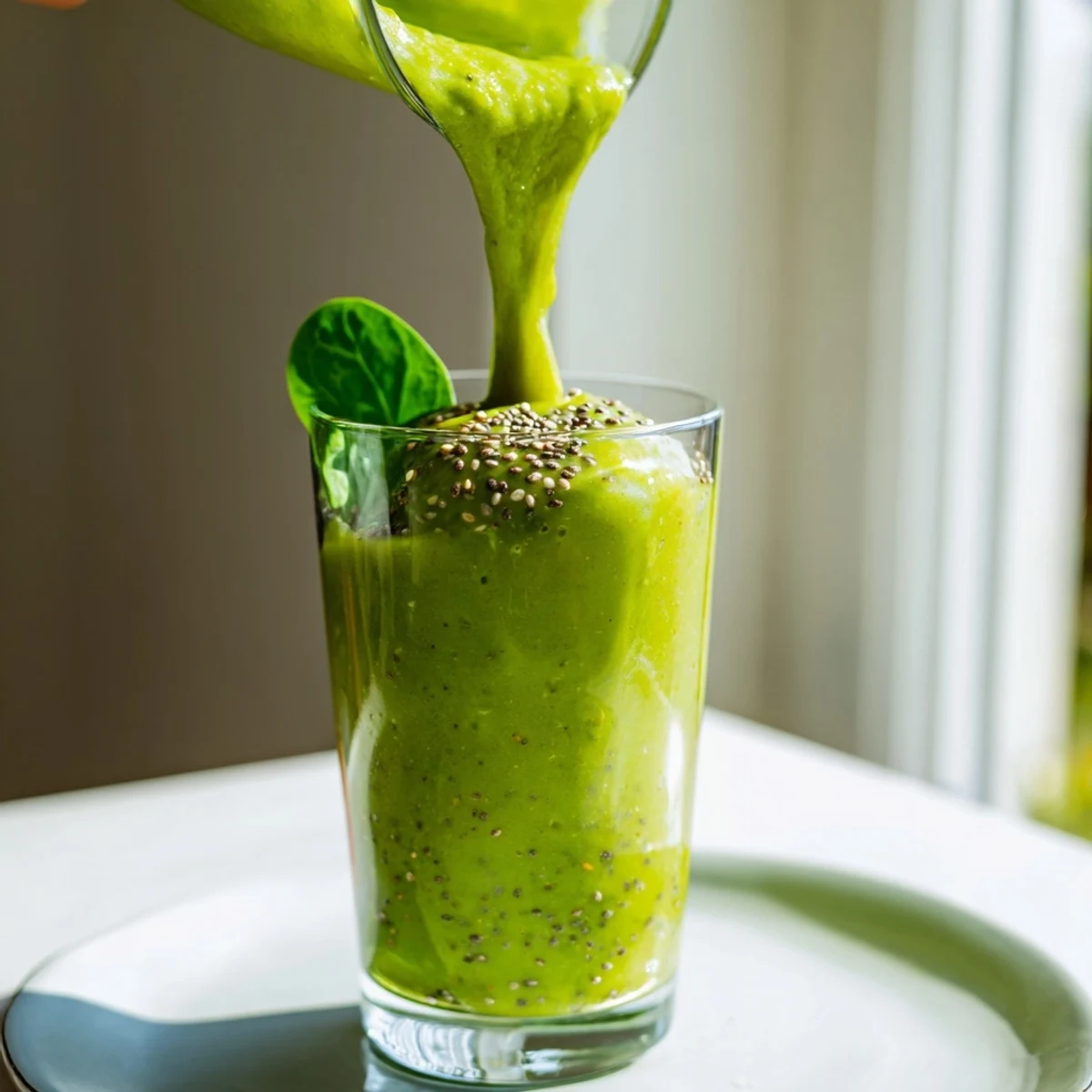 Bright green smoothie in a glass, topped with a sprinkle of chia seeds and a fresh ginger garnish, showcasing the Green Detox Smoothie with Ginger.