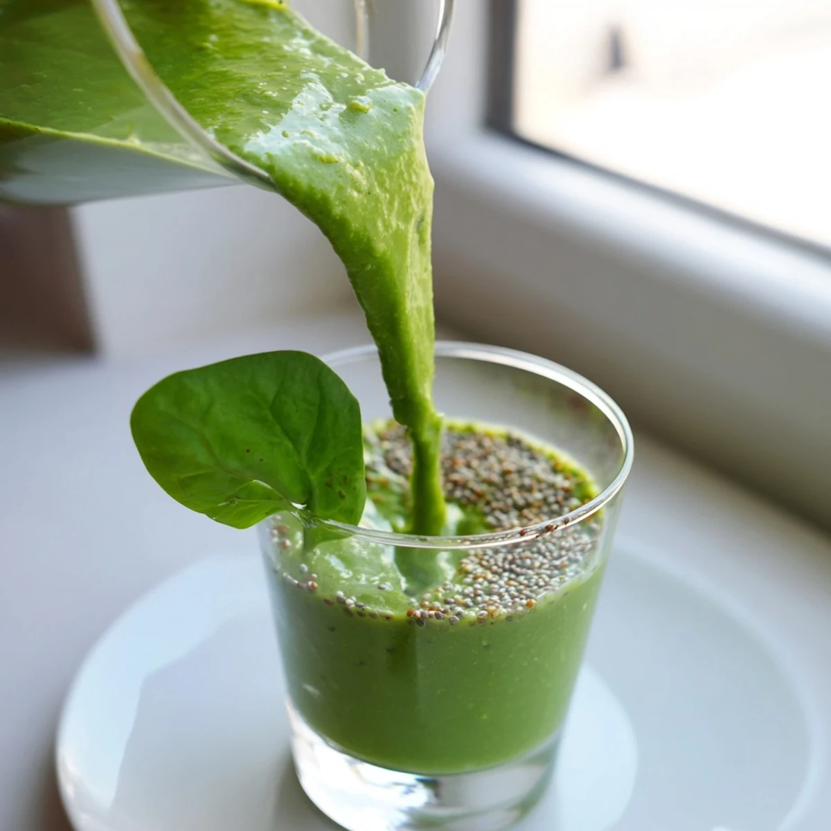 A tall glass of Green Detox Smoothie with Ginger, showing a vibrant green hue with kale and pineapple chunks visible inside.