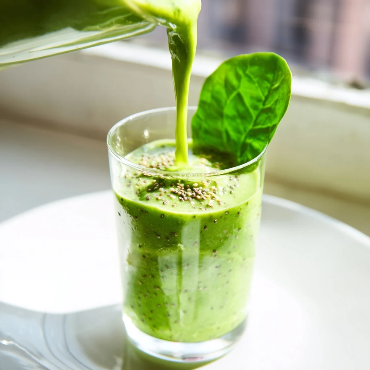 Freshly blended Green Detox Smoothie with Ginger being poured into a glass, with ice cubes and a slice of green apple nearby.