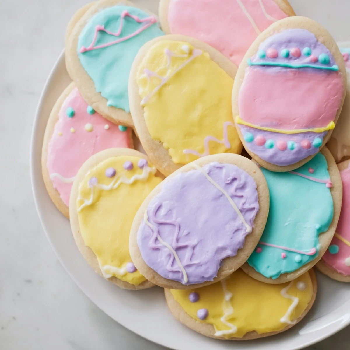 Freshly baked, soft buttery Easter Egg Sugar Cookies are arranged on a plate, ready to serve with tea or coffee.