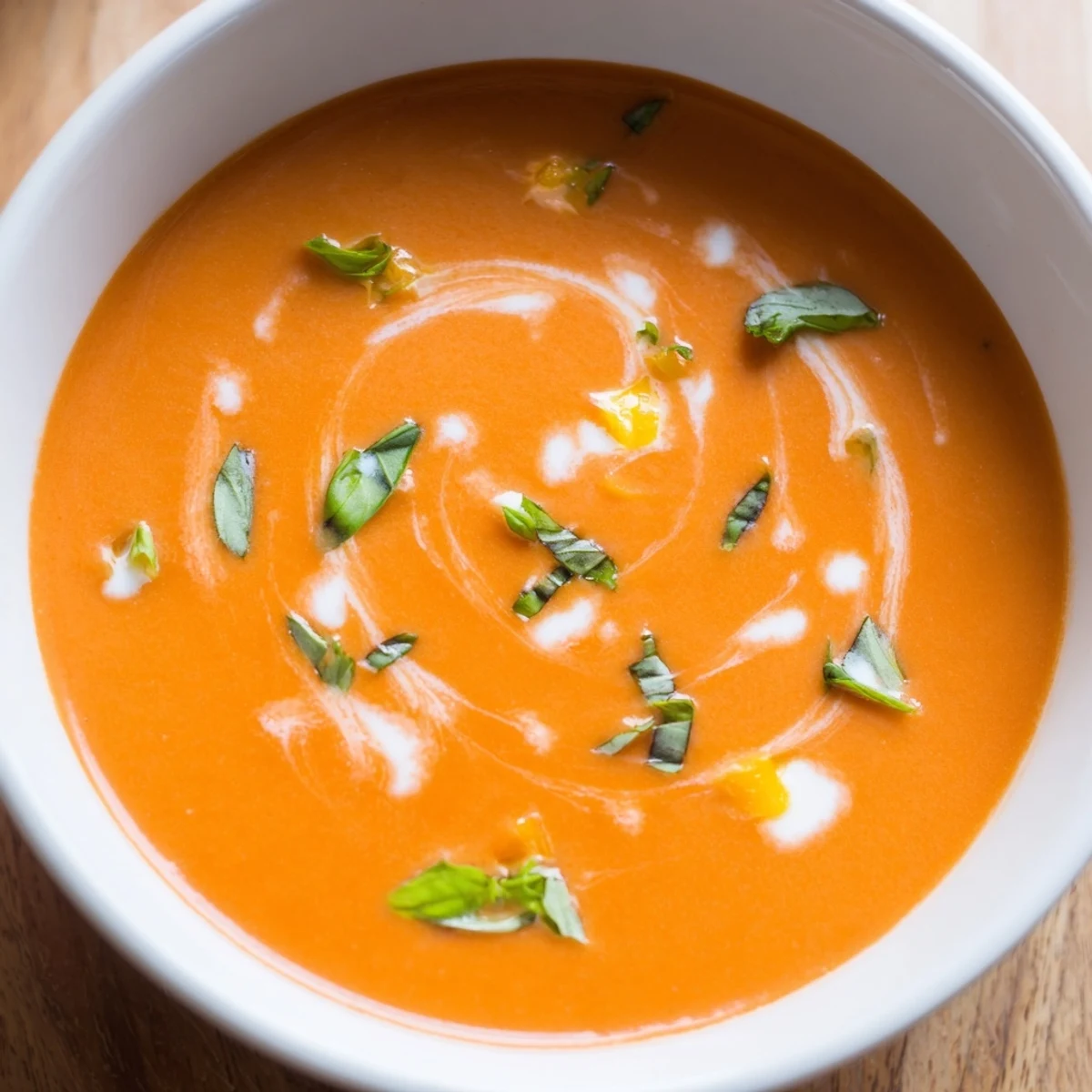 Creamy Tomato Basil Bisque in a rustic bowl garnished with fresh basil leaves and a drizzle of olive oil.