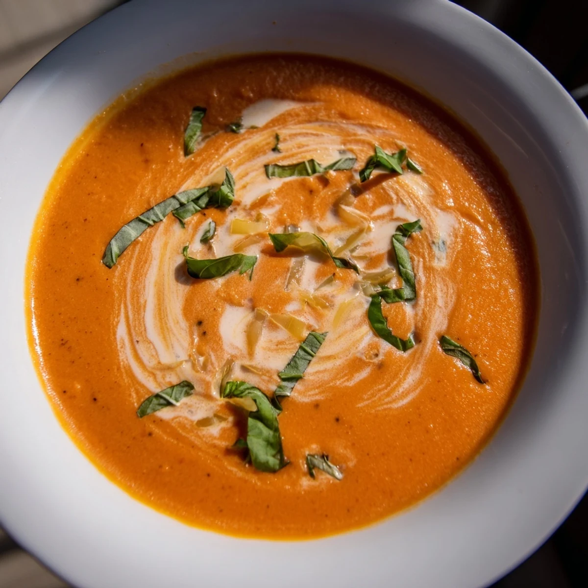 Rich Creamy Tomato Basil Bisque blended to a velvety texture, perfect with crusty bread for dipping.