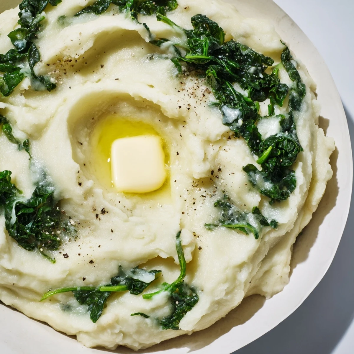 Steaming Irish Colcannon featuring fluffy potatoes folded with sautéed kale and melted butter.  
