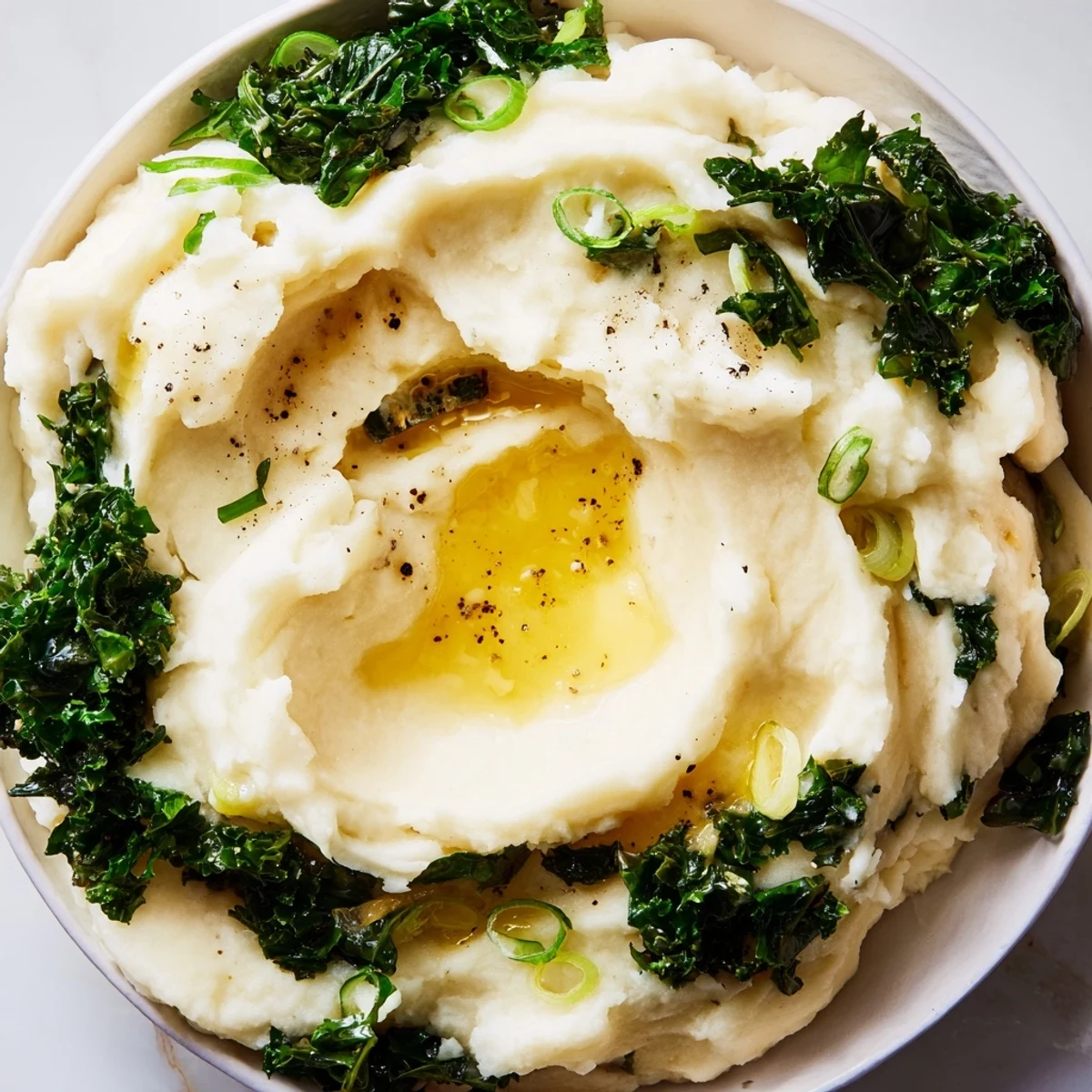 Creamy Irish Colcannon with kale and butter served warm in a rustic bowl with steam rising.  