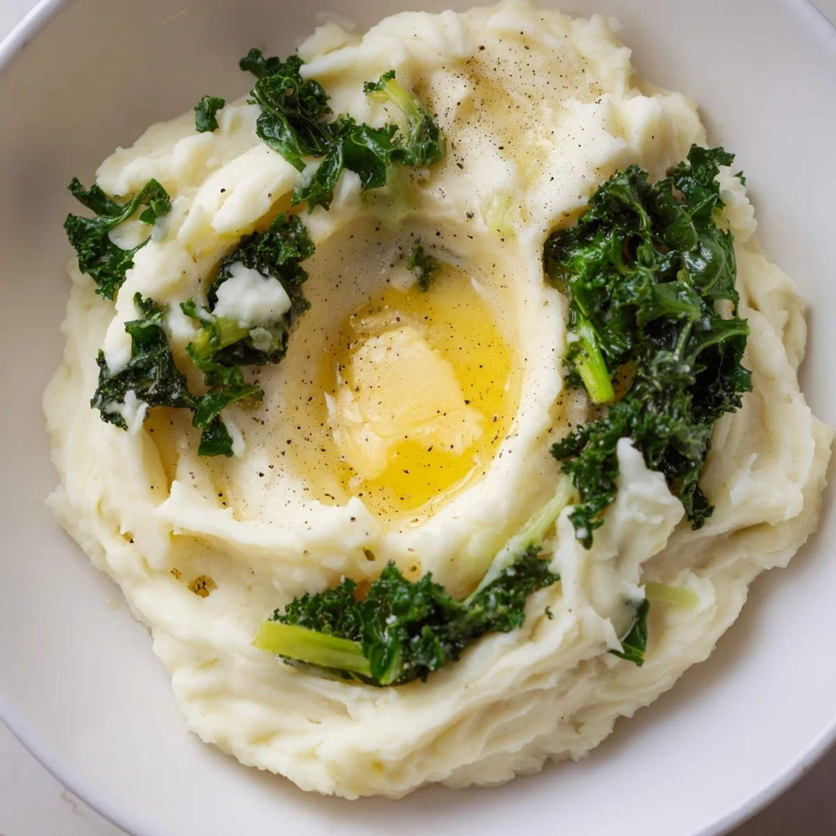 Hearty Irish Colcannon topped with extra butter, paired with a fork beside a linen napkin.