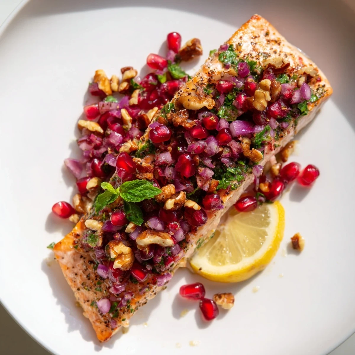Golden-baked salmon fillets topped with vibrant pomegranate walnut salsa, served with lemon slices for a fresh, tangy flavor.