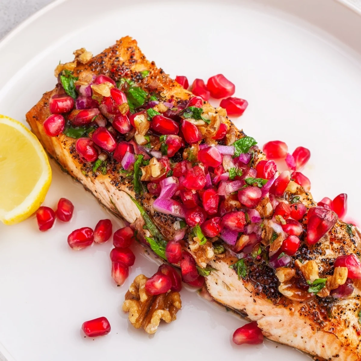 Moist baked salmon with colorful pomegranate walnut salsa and chopped walnuts, ready to serve on a white ceramic plate.