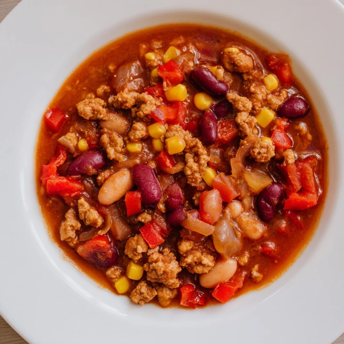 A close-up of Turkey Chili with Kidney Beans and Corn steaming in a rustic bowl, garnished with fresh cilantro and sliced jalapeños.