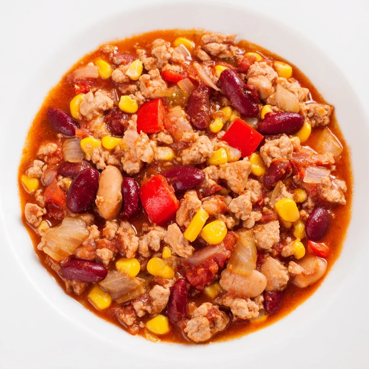 Hearty pot of Turkey Chili with Kidney Beans and Corn on a stovetop, featuring a rich, spiced tomato broth and colorful vegetables.