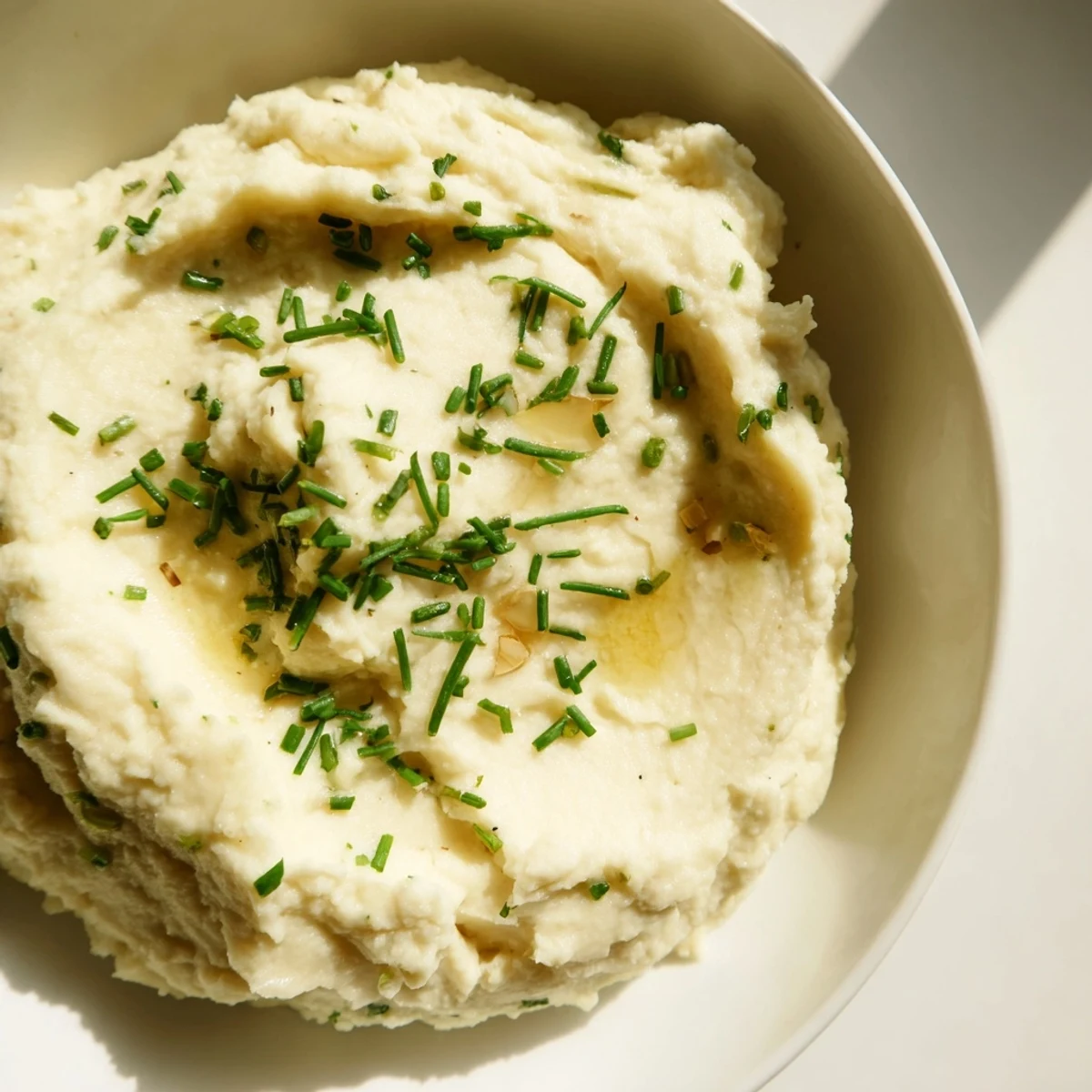 Creamy roasted garlic mashed cauliflower served hot in a rustic white bowl topped with fresh chives.