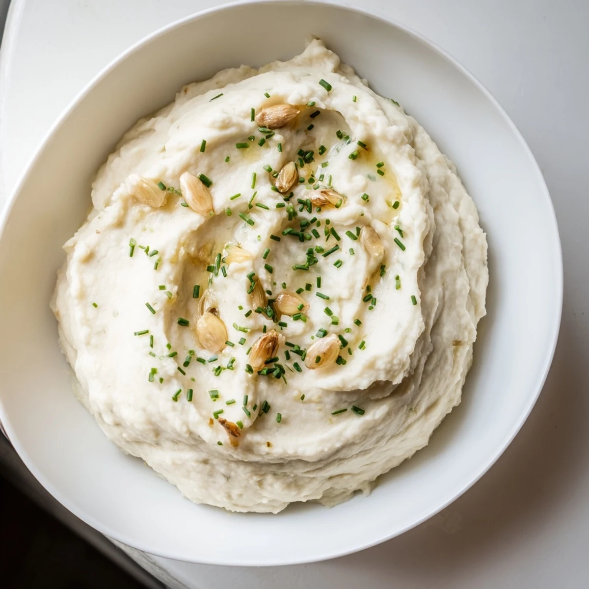 Roasted garlic mashed cauliflower in a ceramic dish alongside roasted chicken for a delicious low-carb dinner.